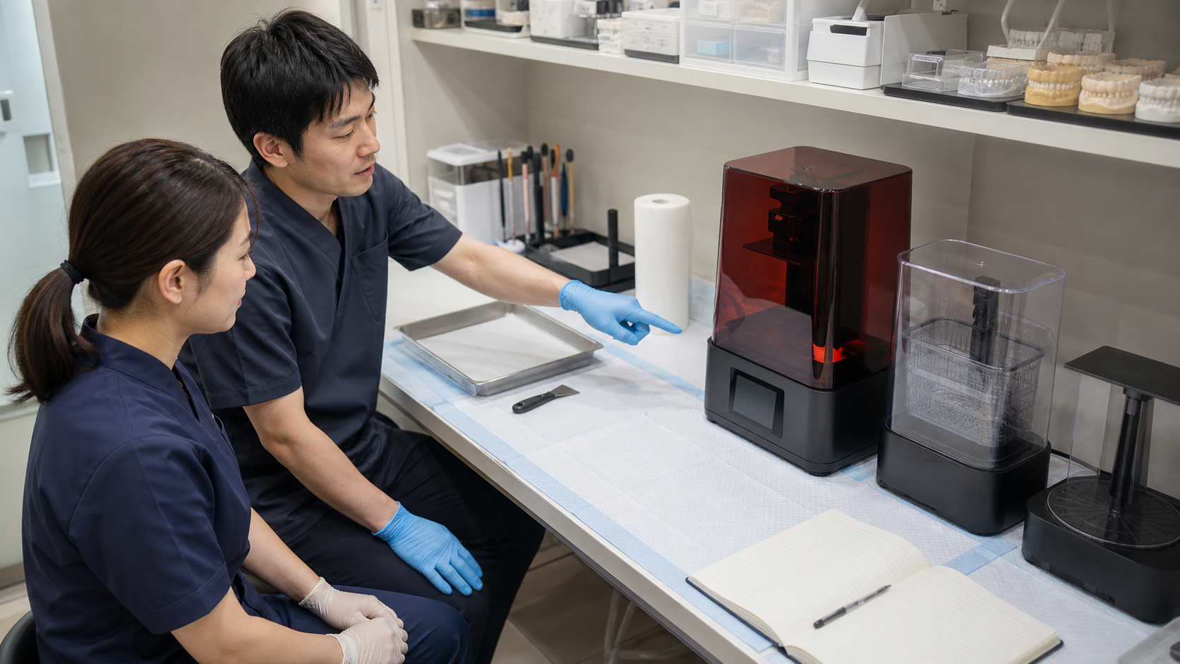 技工室の狭い作業台で、講師と受講者がMars級の光造形プリンタと後処理道具を前に初回ハンズオンを始める生成イメージ。