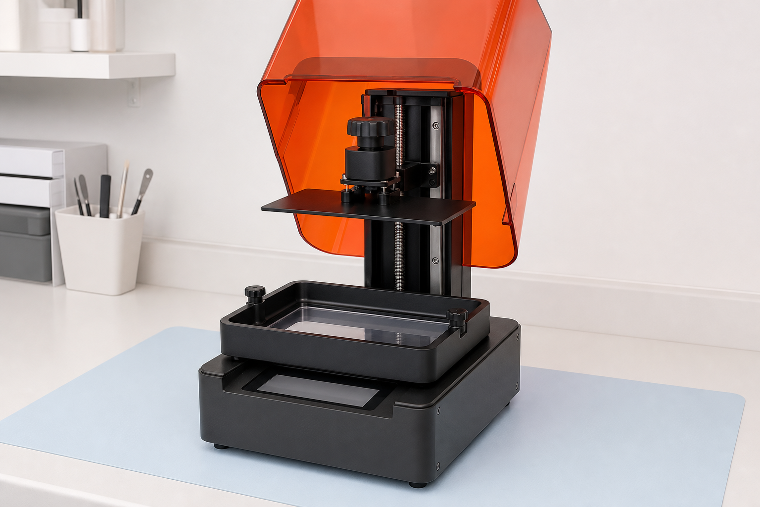 Mars 4風の光造形3Dプリンタを教材用に整理した生成イメージ。ビルドプレート、レジンタンク、透明フィルム、光が出る面、カバーを説明するためのベース画像。