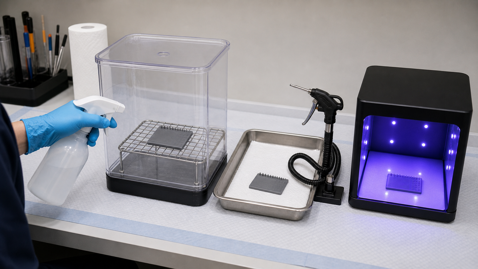 大きめの容器内でIPAを吹き付け、コンプレッサーでエアブローし、二次硬化器へ進める後処理の流れを示す生成イメージ。