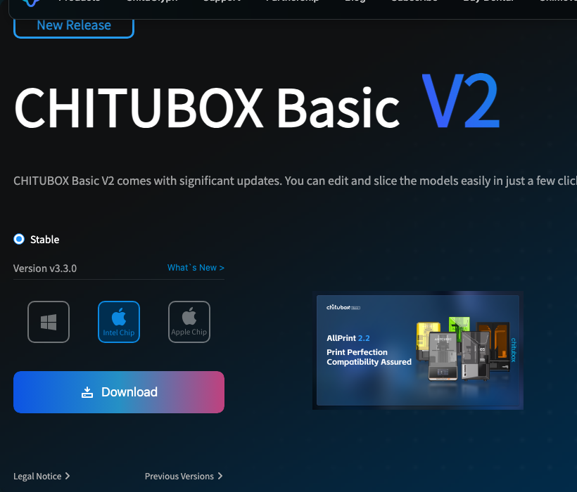 CHITUBOX公式ダウンロードページでBasic V2、OS選択、Downloadが見える画面。