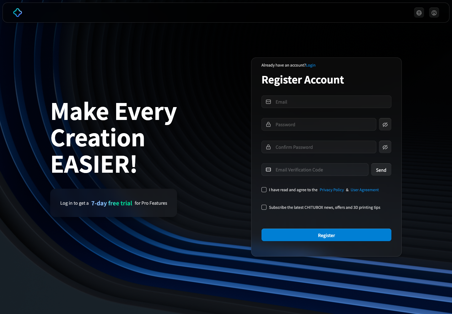 CHITUBOXアカウントのログイン画面。Email、Password、Log In、No account? Creat oneが見える。